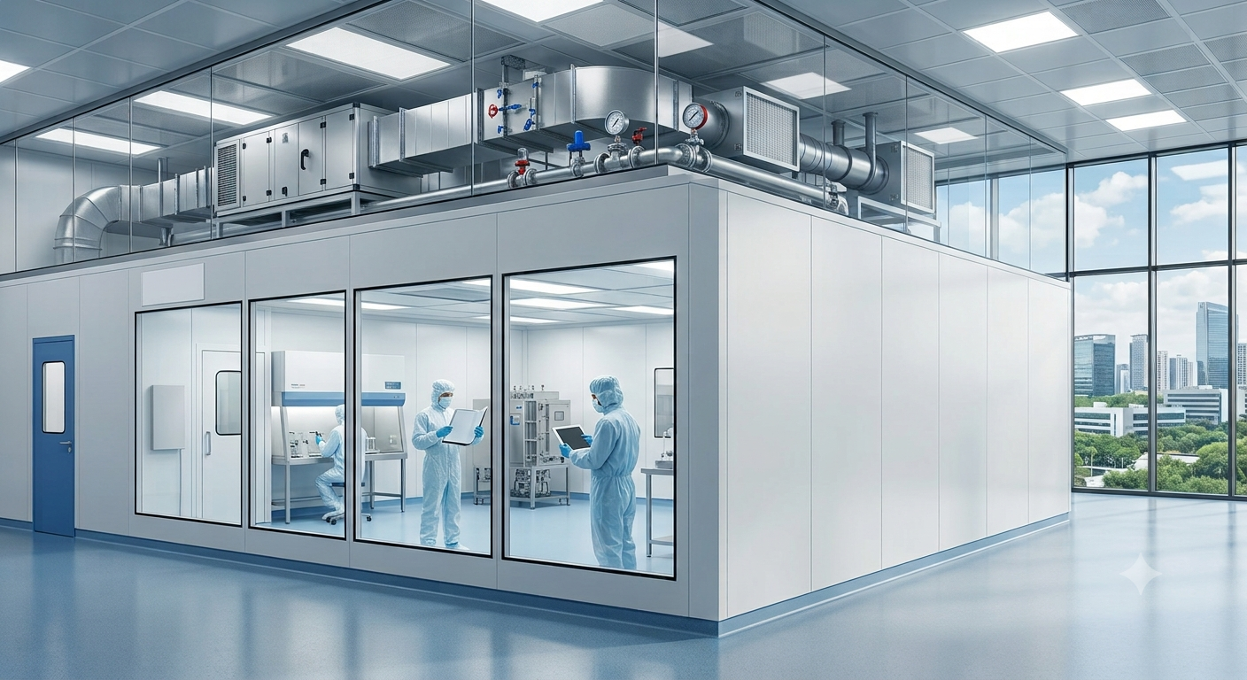 Modern turnkey cleanroom facility cutaway featuring an upper-level HVAC ducting system and gowned technicians working inside a sterile ISO-classified laboratory.