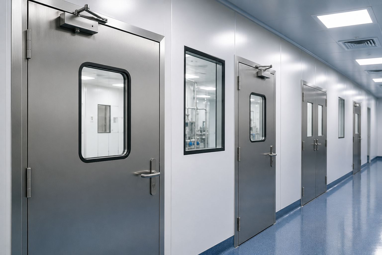 Stainless steel GMP metal doors with vision panels in a pharmaceutical cleanroom corridor.