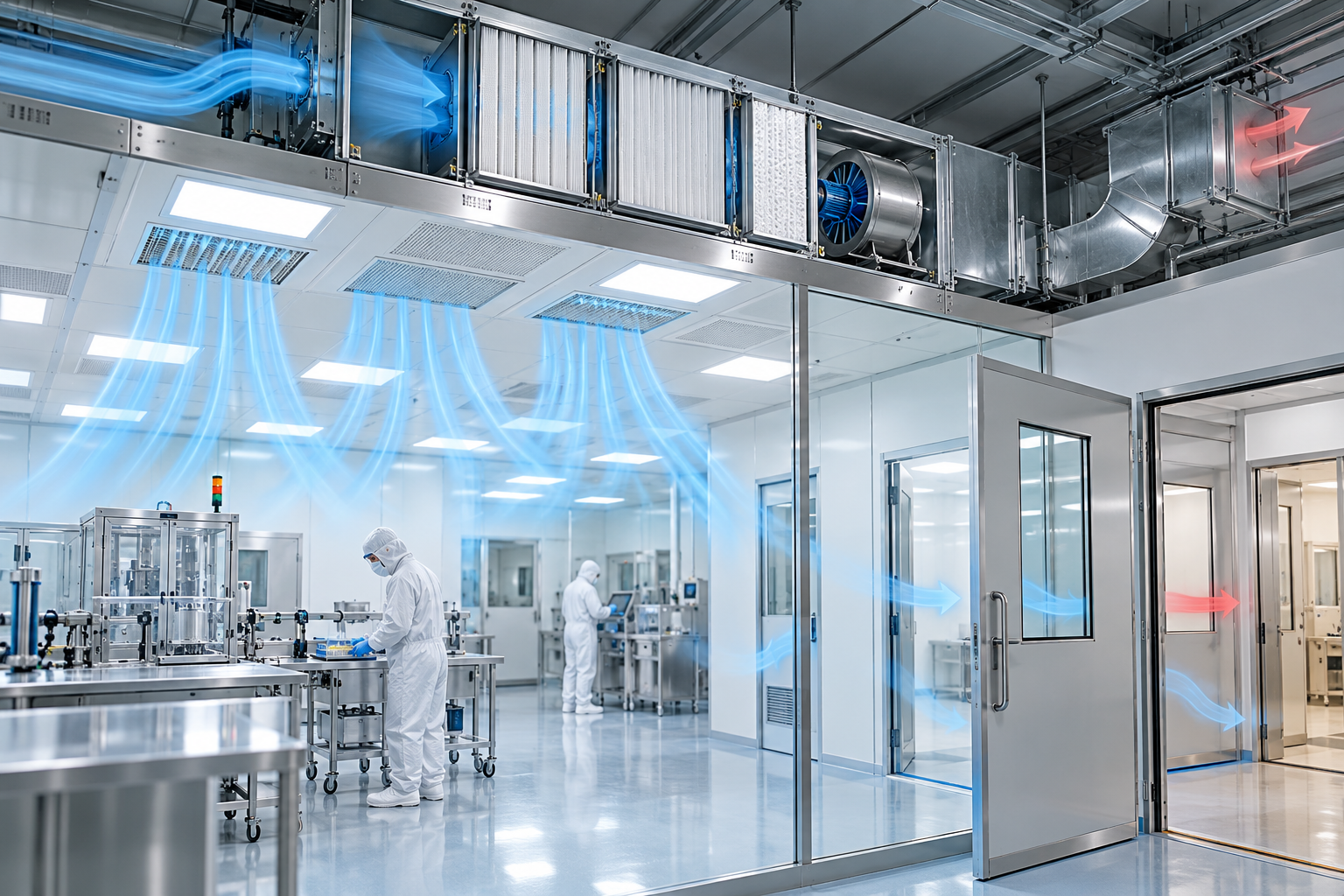 Cleanroom HVAC system showing HEPA filters, controlled airflow, pressure differentials, and technicians maintaining a sterile pharmaceutical environment.